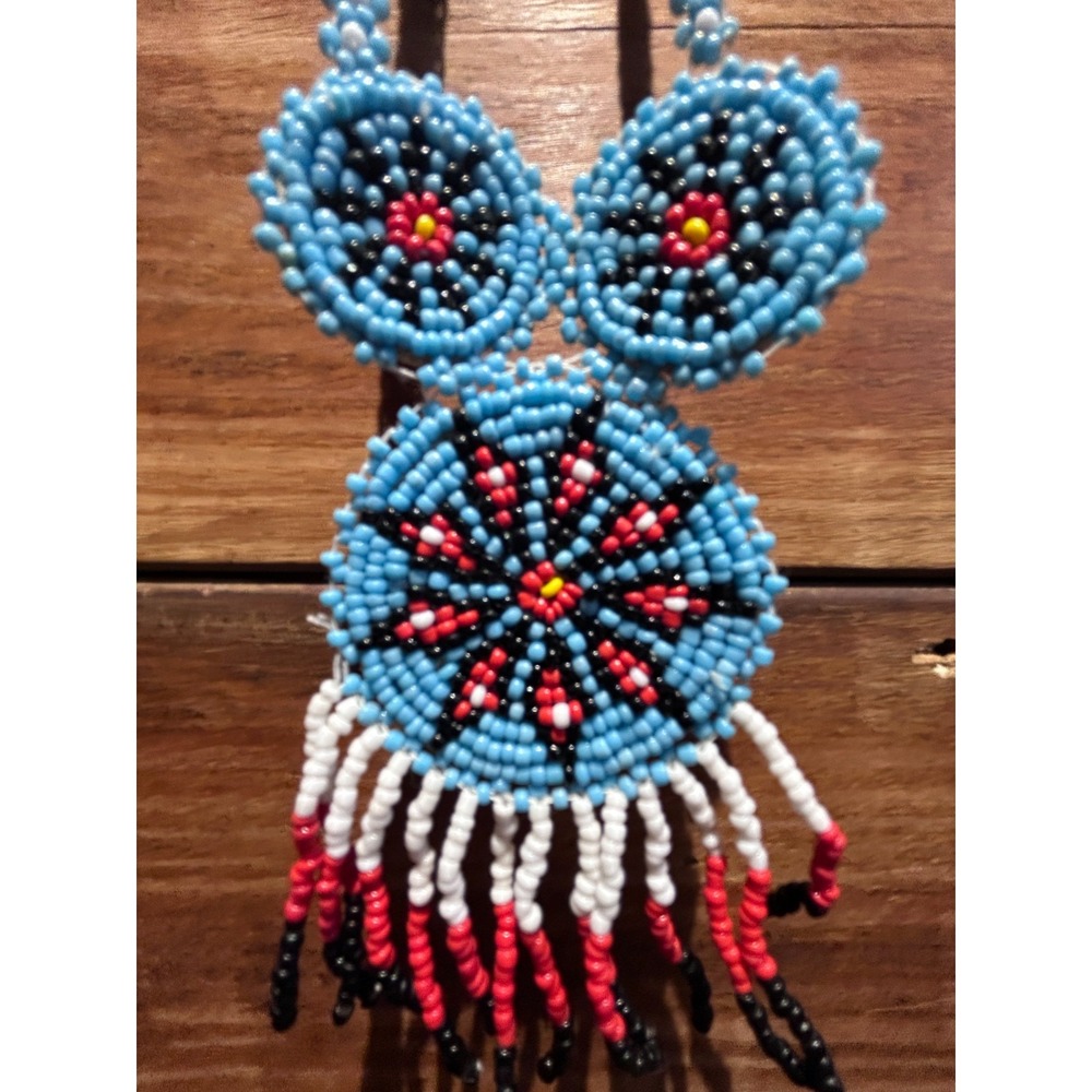 Native American Small Bead 3 Medallion Handmade Necklace, Blue, Red and Black
